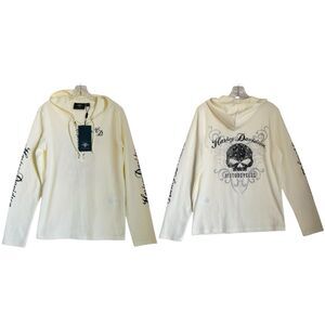 Harley Davidson Hooded Henley Top V Ivory Waffle Knit Graphic Skull Long Sleeve